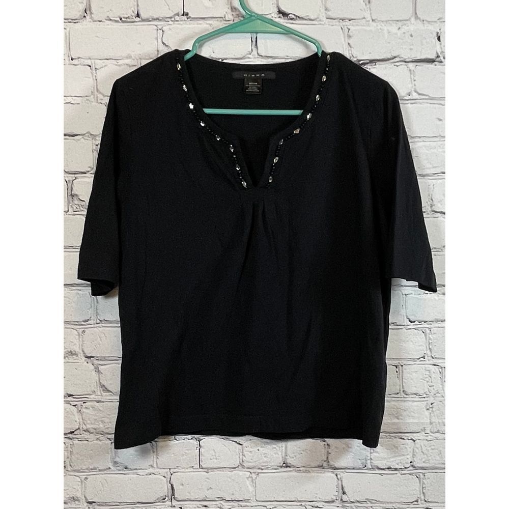 Kiara Black V-Neck Short Sleeve Top with Studded Detail Medium